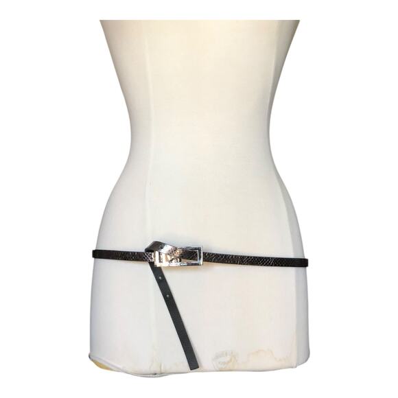 Michael Michael Kors Skinny Black Metallic Faux Snakeskin Leather Belt - Picture 1 of 16